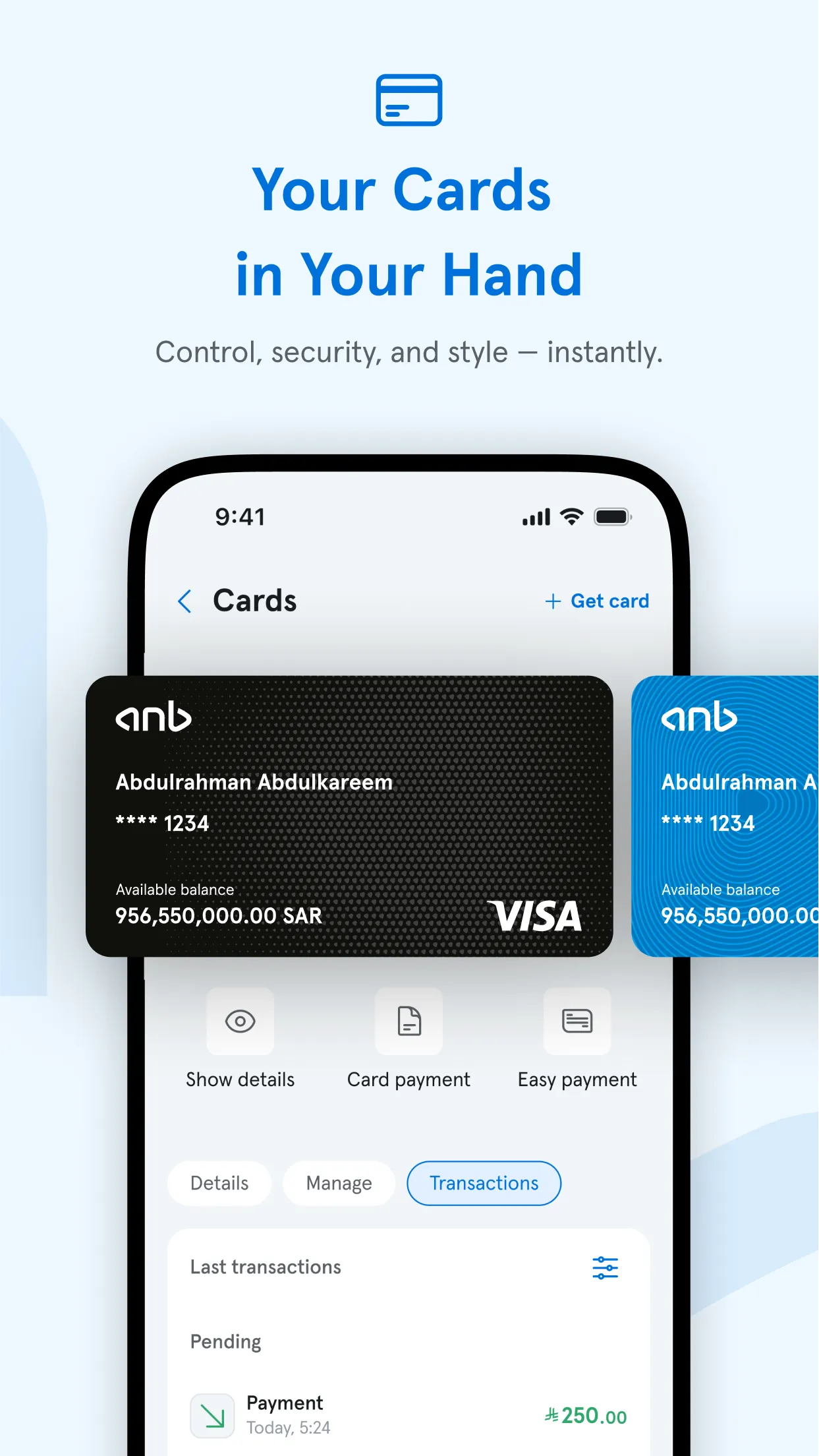 App store screenshot: Your Cards in Your Hand, showing card details and last transactions