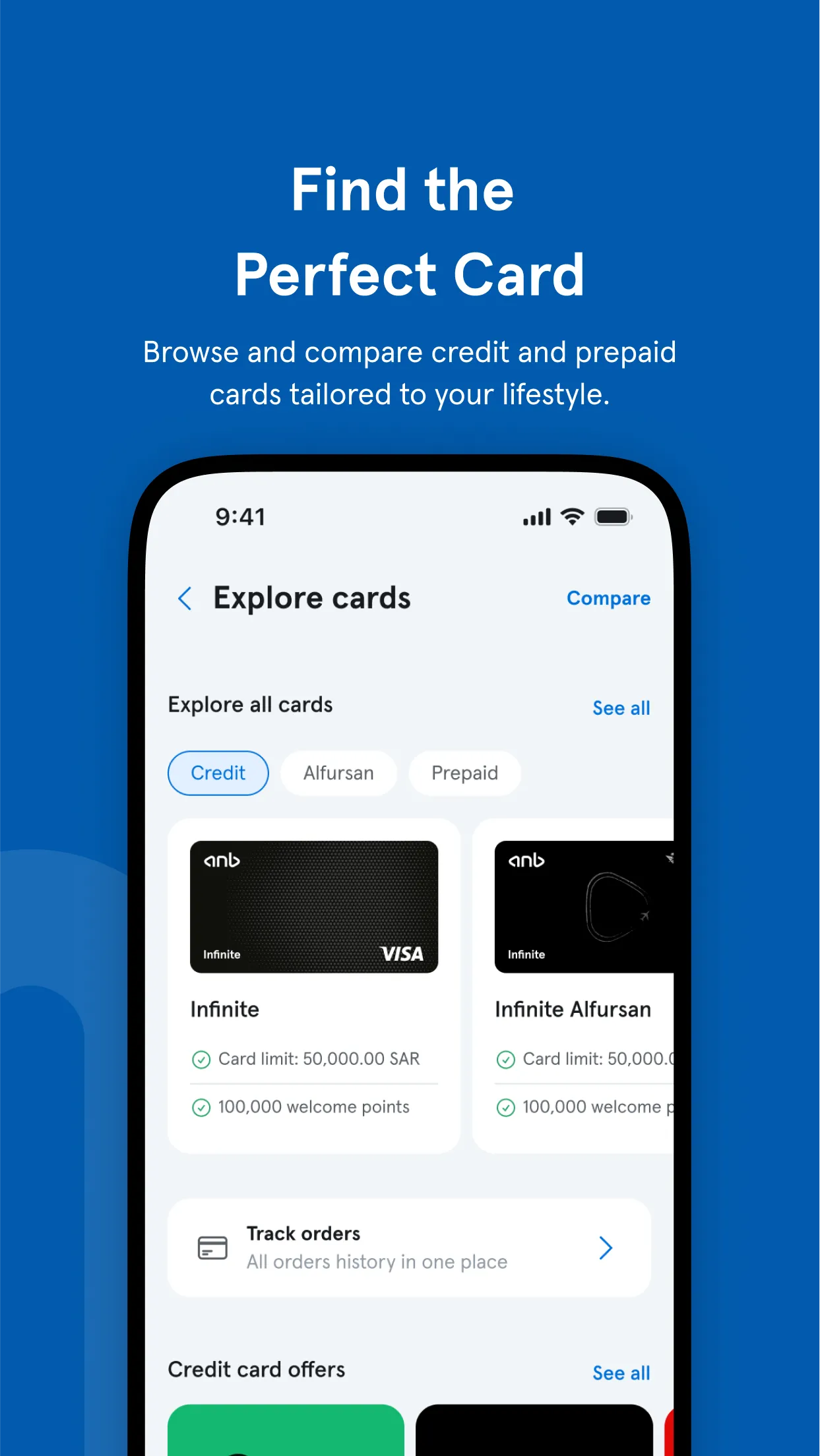App store screenshot: Find the Perfect Card, showing the Explore cards screen